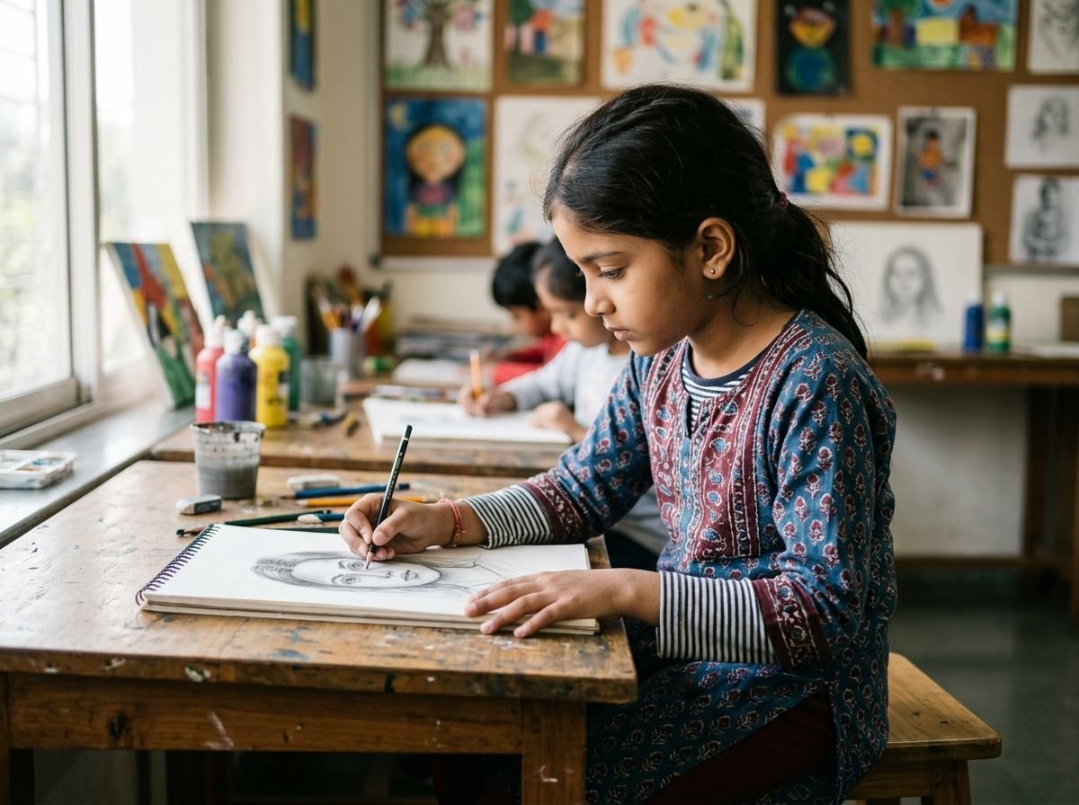 Student drawing with intense focus in an age-specific batch at Chitran
