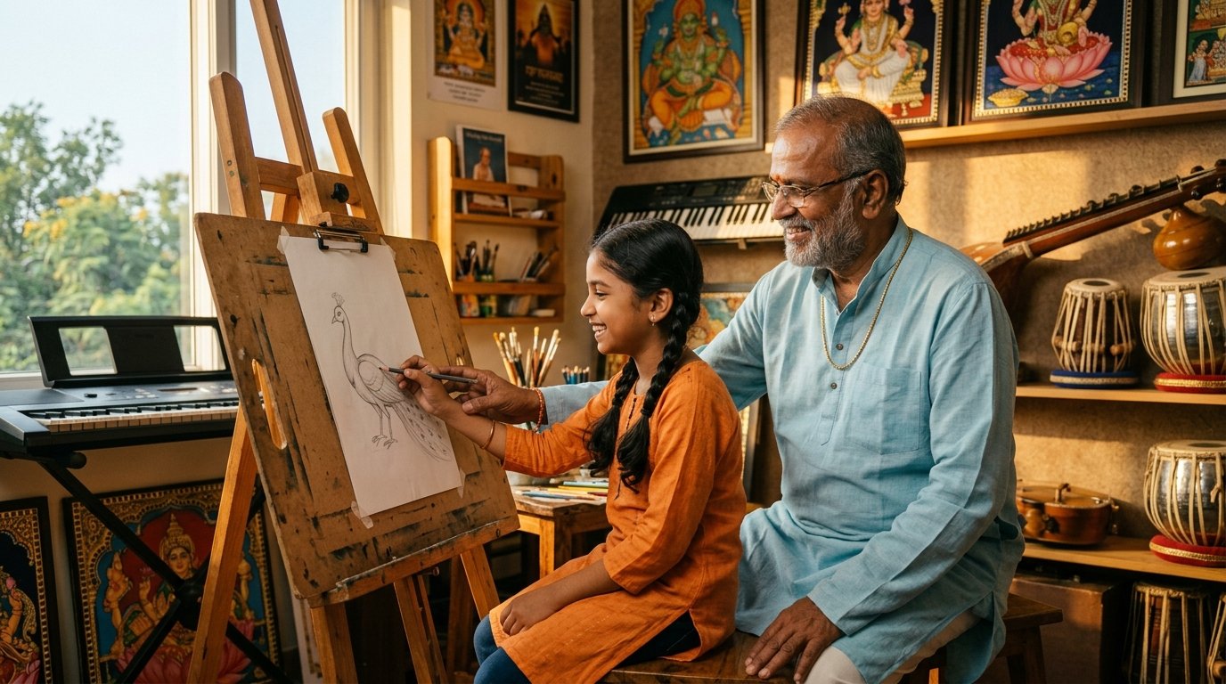 Chitran Guru guiding young student at easel with musical instruments