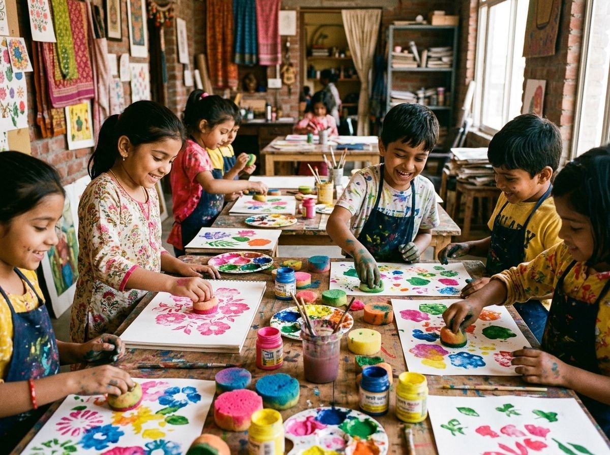 Children and instructors in a creative printmaking workshop at Chitran